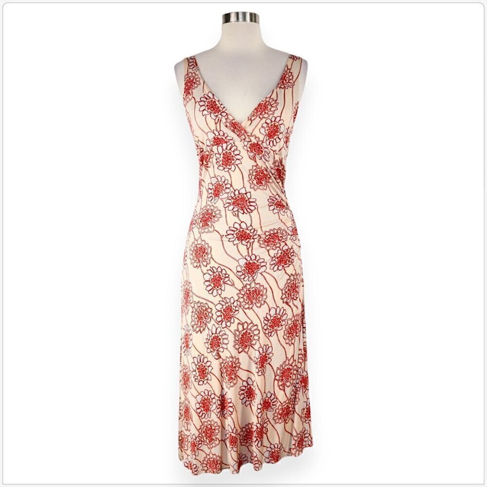 Lida Baday Floral Multicolor Soft Stretch Knit Ruched Tank Sleeveless Dress L
